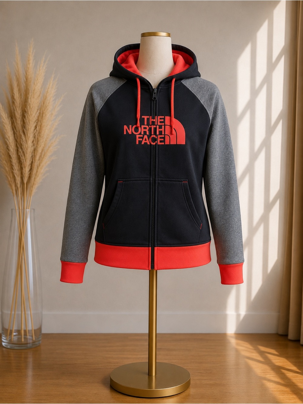 The North Face Women's Black, Gray & Red Zip-Up Hooded Jacket